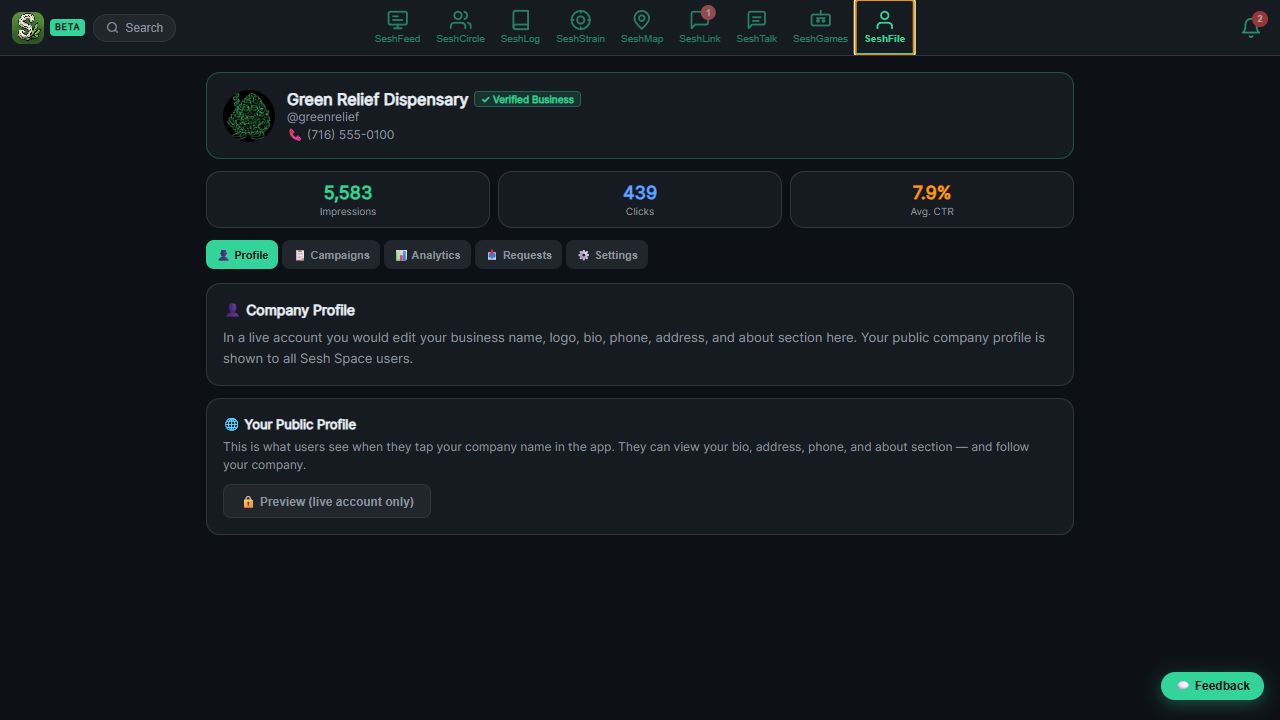 Company demo screenshot showing the verified business dashboard in Sesh Space