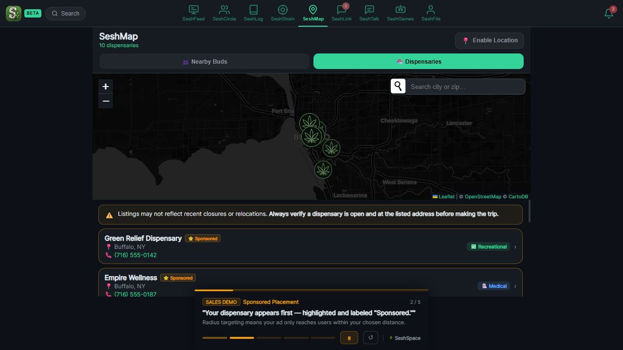 Sales demo screenshot showing SeshMap sponsor presentation in Sesh Space