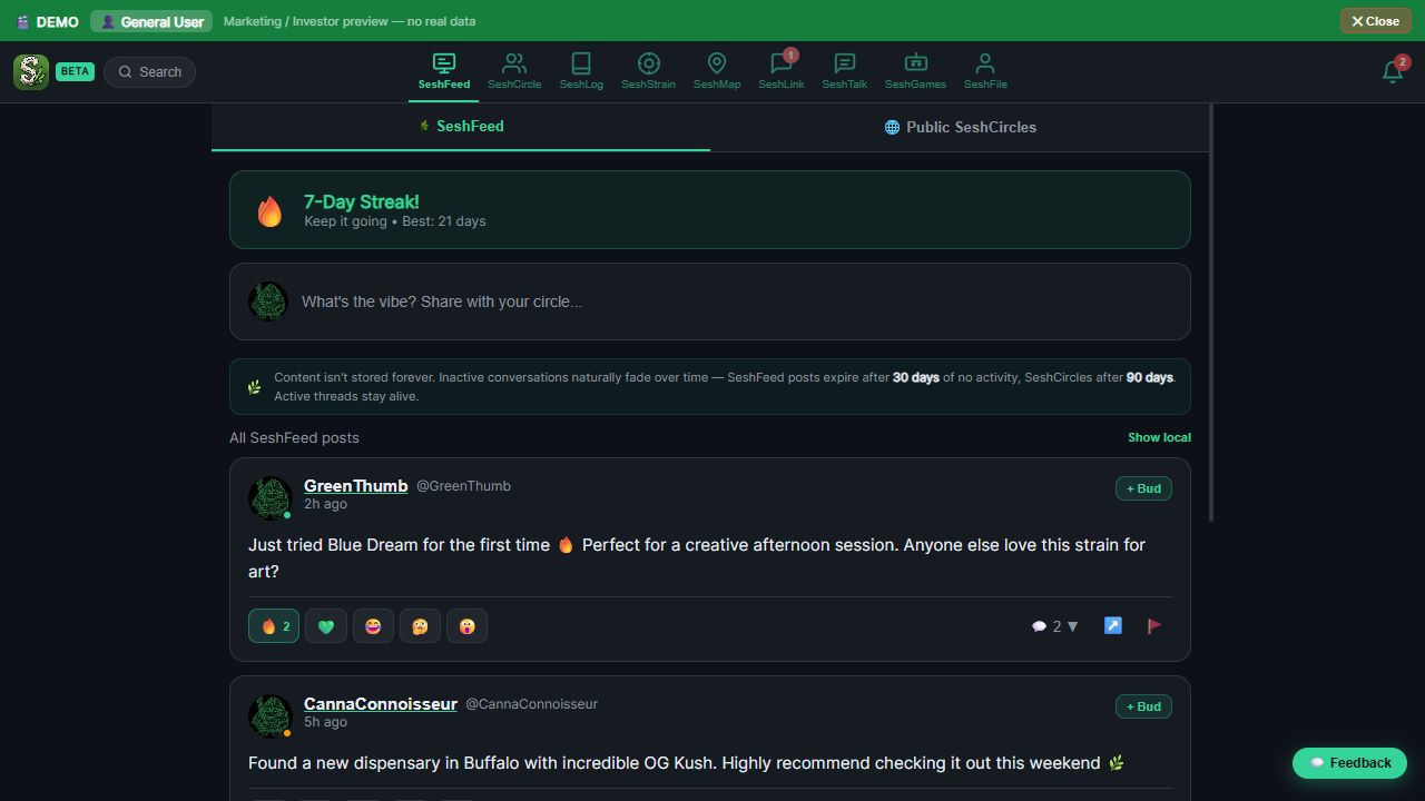 User demo screenshot showing SeshFeed in the Sesh Space beta